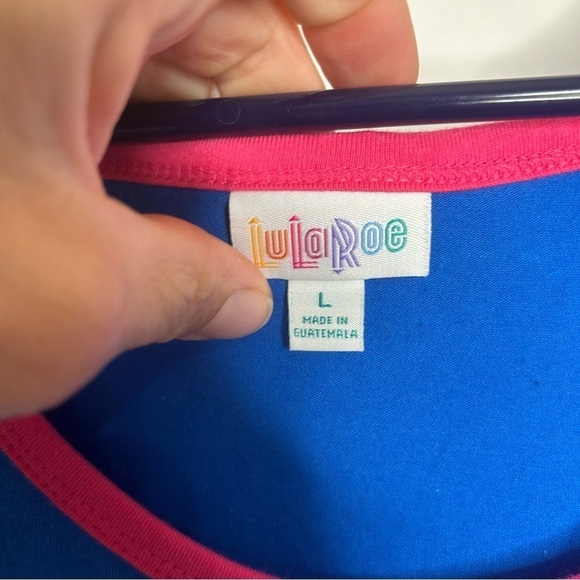 New LulaRoe Women's L Solid Blue Pink Trim Scoop Stretchy Ana Maxi Long Dress - Picture 3 of 6